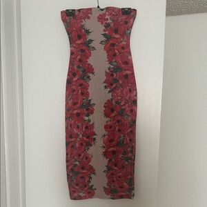 Floral Strapless Dress - Red and Black